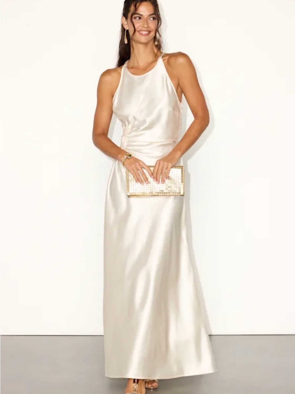 Lulu's Satin Halter Maxi Dress in Ivory Cream